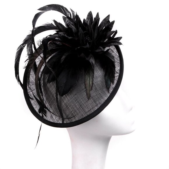 Sinamay Dipped Disk Fascinator Hat Headpeice Party Wedding Black Feather Flower - Picture 3 of 7